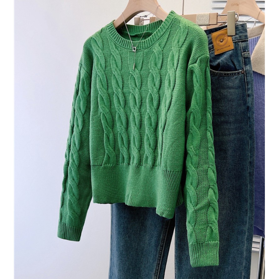 上档次绿色麻花圆领套头毛衣女2023秋冬新款软糯宽松百搭外穿上衣