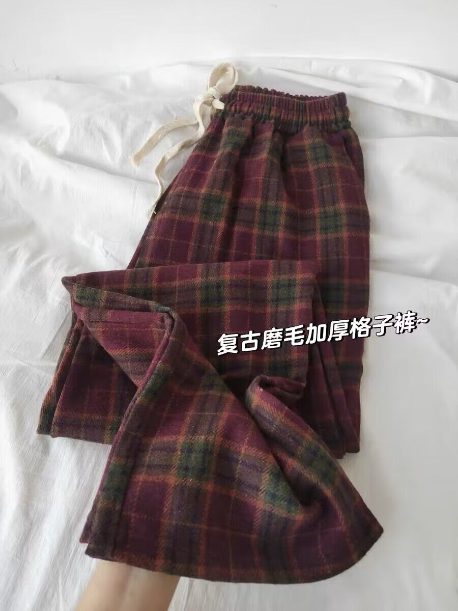 高端上档次格子裤女裤磨毛加厚直筒宽松阔腿裤2023爆款百搭休闲裤