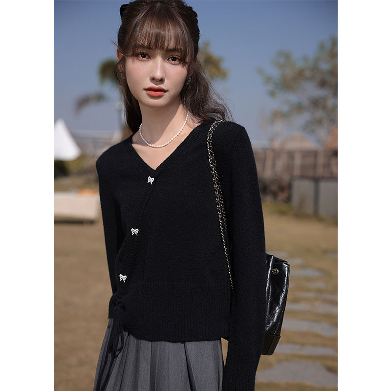 法式V领针织衫女秋冬设计感红色毛衣蝴蝶结上衣内搭抽绳春秋外套