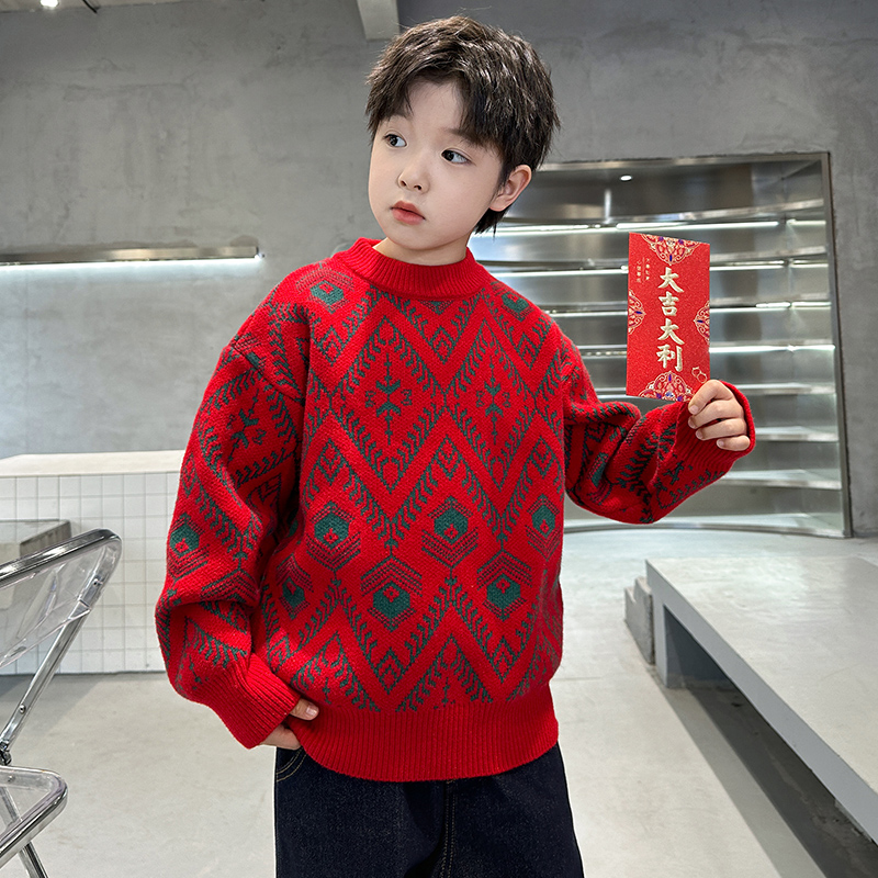 儿童装男童冬季红色加厚毛衣2025新款大童秋冬款马年本命年拜年服