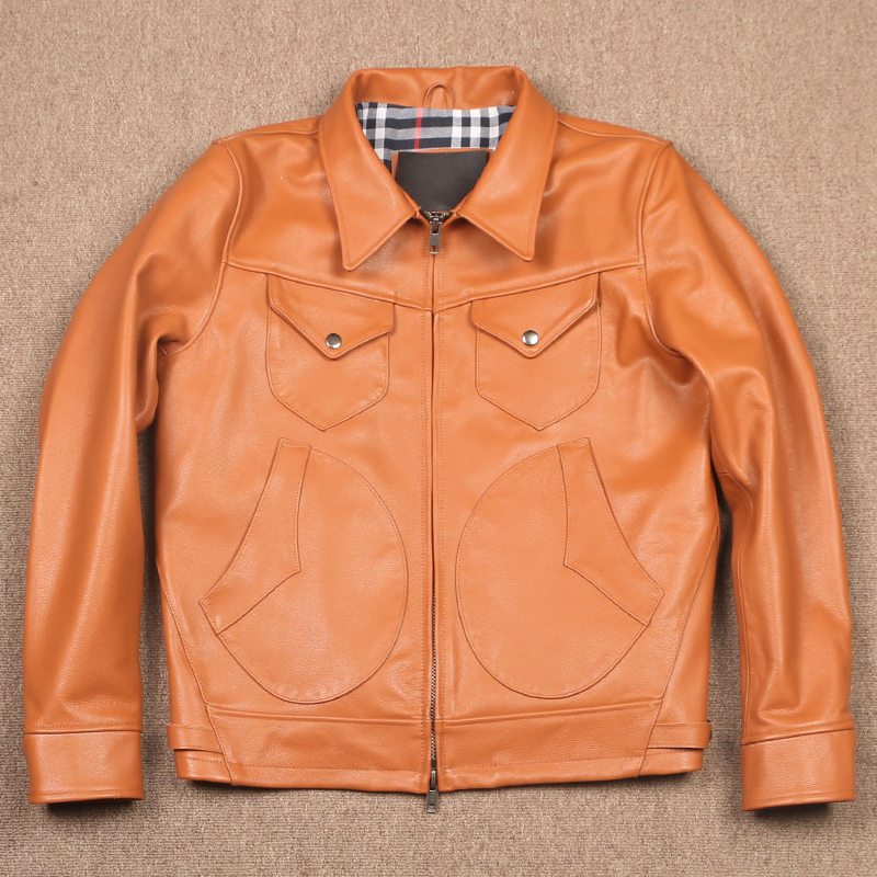 门多萨全粒面头层牛皮短款真皮皮衣男翻领修身皮夹克百搭外套