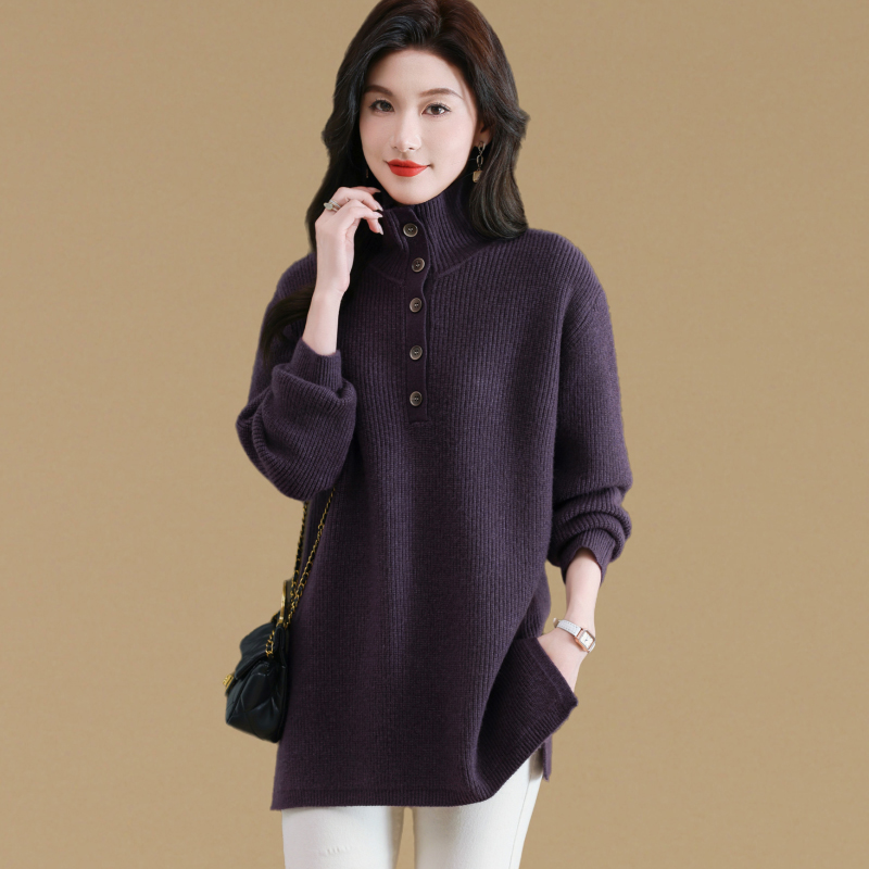气质大码胖mm翻领毛衣女中长款遮屁股上衣秋冬加厚洋气针织打底衫