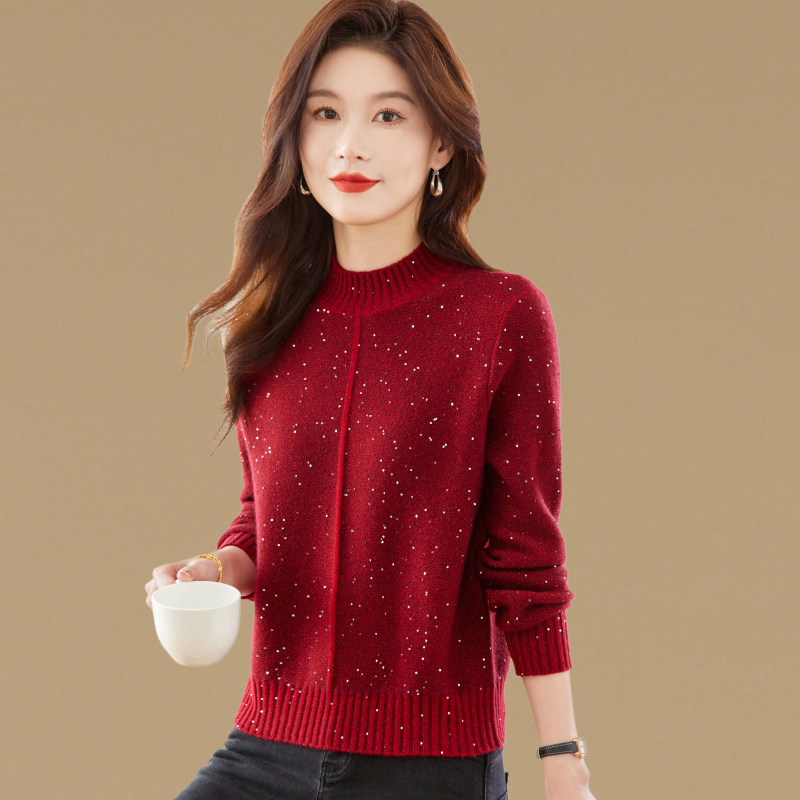 高级感小个子短款半高领亮片毛衣女套头秋冬时髦洋气针织打底衫潮