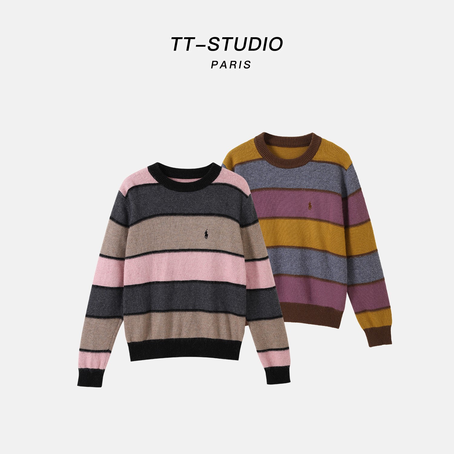 TT【多彩】精纺绵羊毛580克重撞色条纹毛衣针织衫女MB125