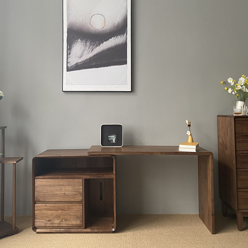 北美黑胡桃木书桌 可伸缩写字台学习桌 北欧现代简约家用书房家具