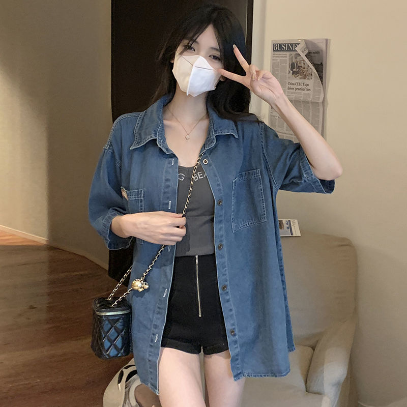 港风设计感小众牛仔衬衣短袖衬衫女夏季新款薄款别致上衣防晒外套
