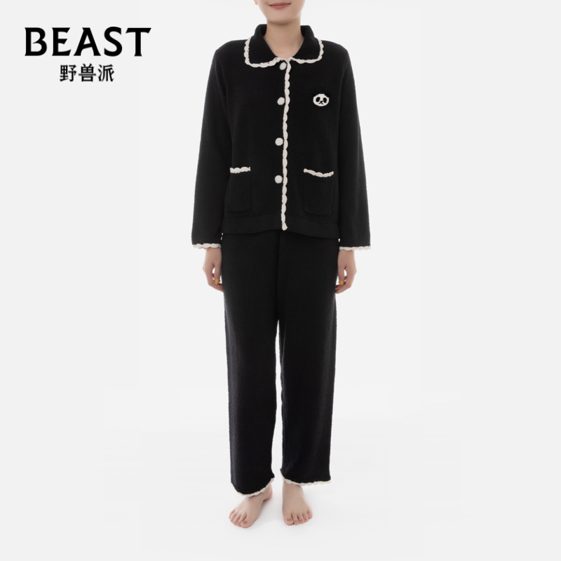 BEAST/野兽派熊猫半边绒勾针花边家居服套装可外穿睡衣套装休闲女