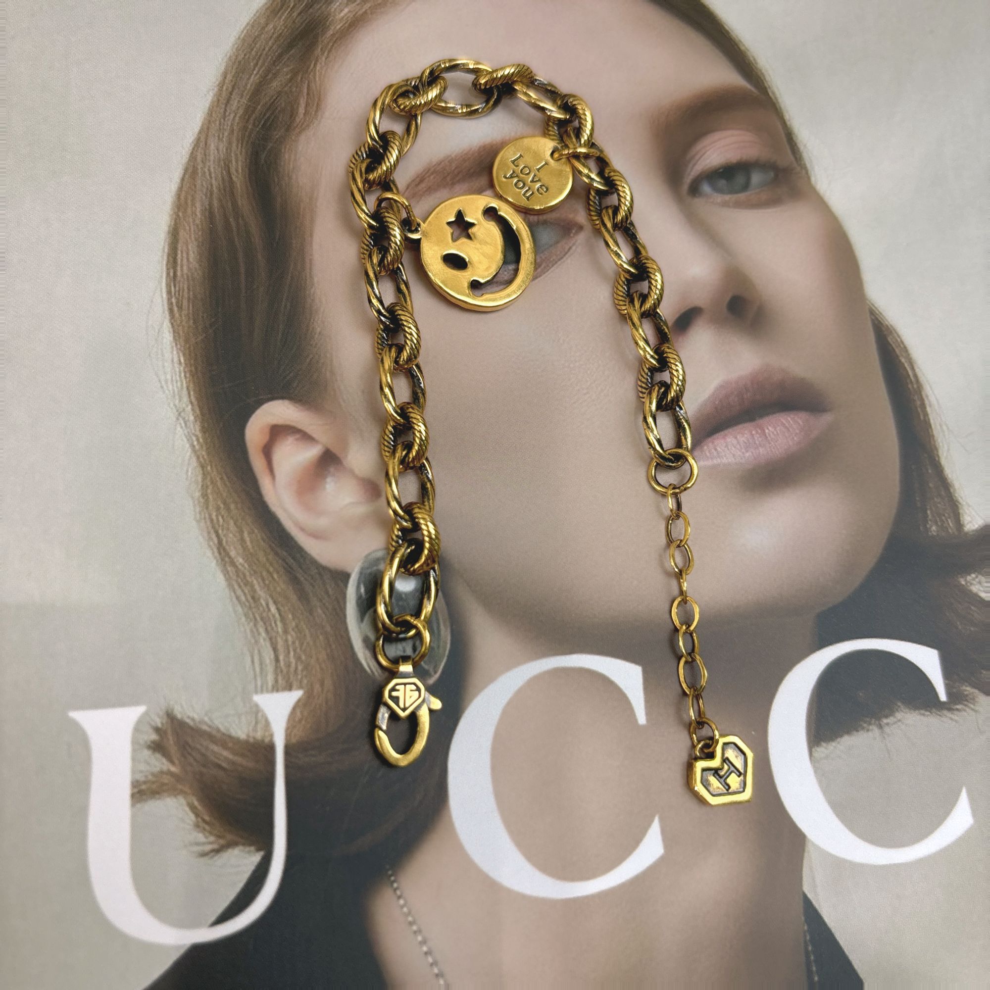 金潮坊珠宝  时尚个性气质小众复古做旧简约足金999麻花笑脸手链