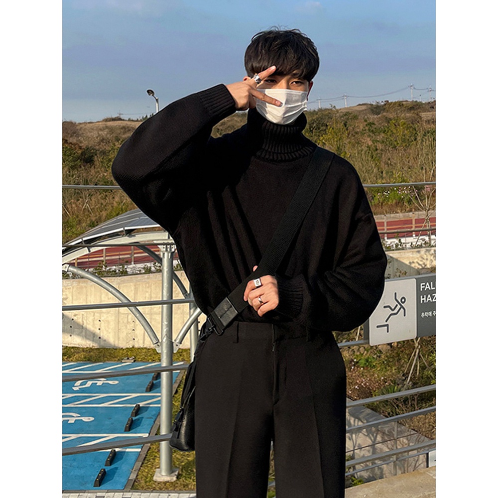 加厚新款高领毛衣男式针织衫上衣港风日系纯色流百搭男士长袖黑色