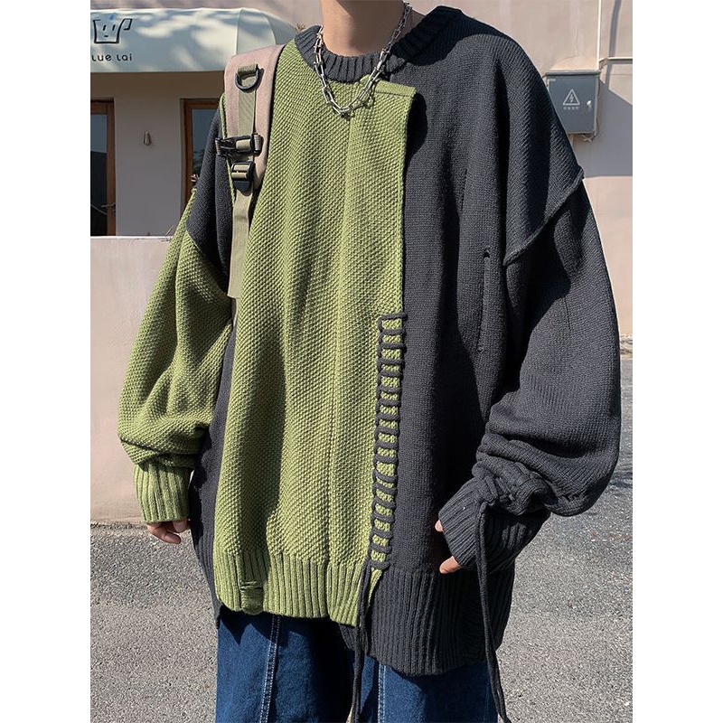 高领打底衫新款毛衣男牌拼接设计感线衣秋冬季百搭长情侣宽松圆领