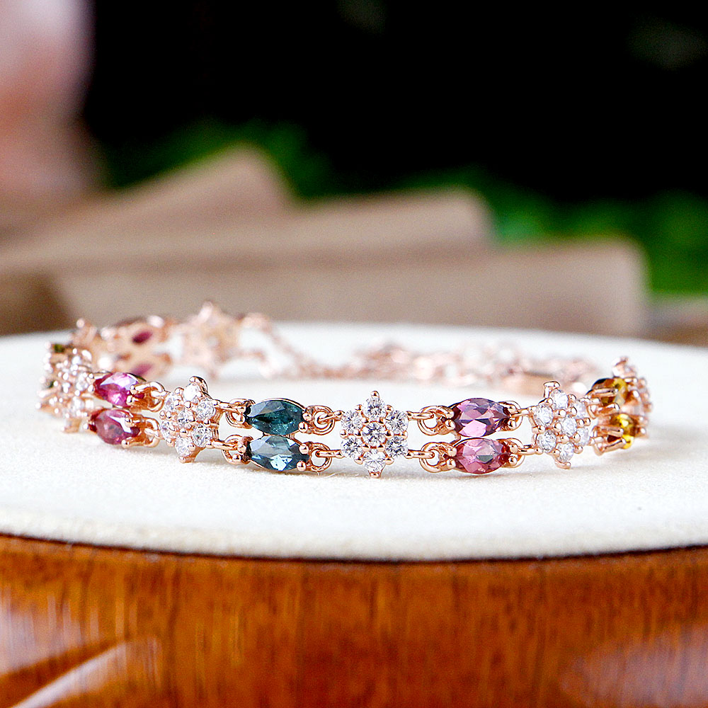 玺贵人高品质碧玺手链s925银镶嵌彩色宝石手链甜美百搭时尚轻奢