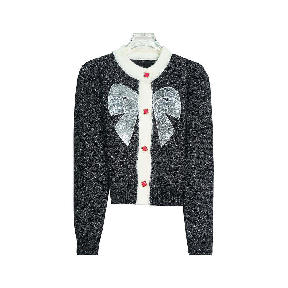 E7701【上新】撞色亮片蝴蝶结拼接圆领长袖宽松开衫外套3Q