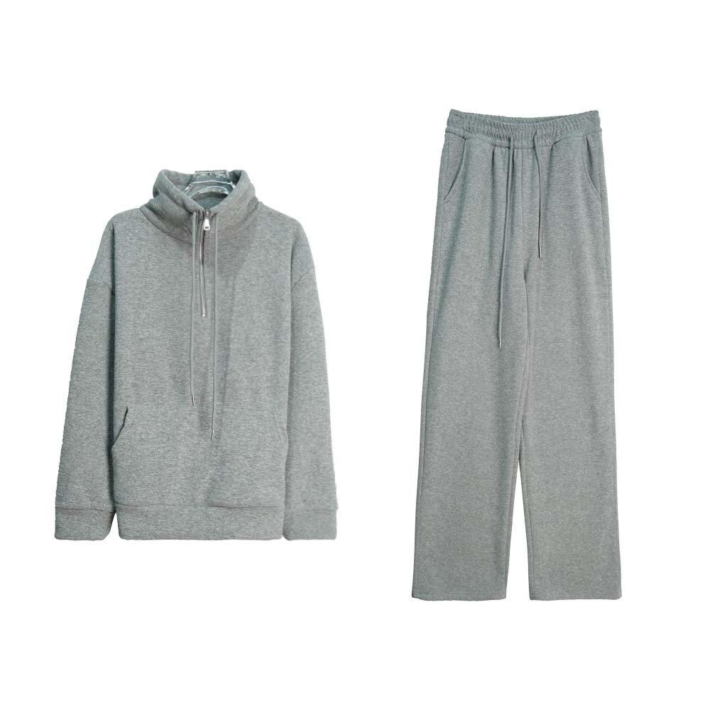 X8726【上新】韩版时尚运动拉链加绒休闲懒人纯色宽松灰色套装3D