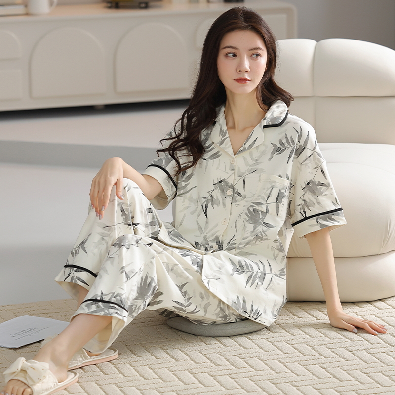 夏天国风睡衣女士套装长裤轻奢高级感休闲短袖家居服可外出舒适