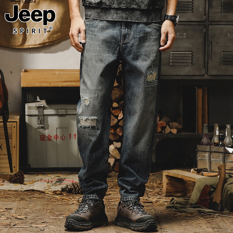 JEEP/吉普美式经典复古秋季牛仔裤男宽松直筒裤子男春秋破洞休闲