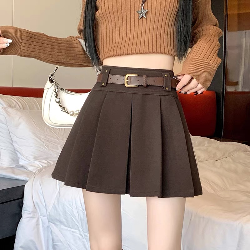 高腰毛呢半身裙女2025秋冬季新款百褶裙气质百搭a字防走光短裙子 