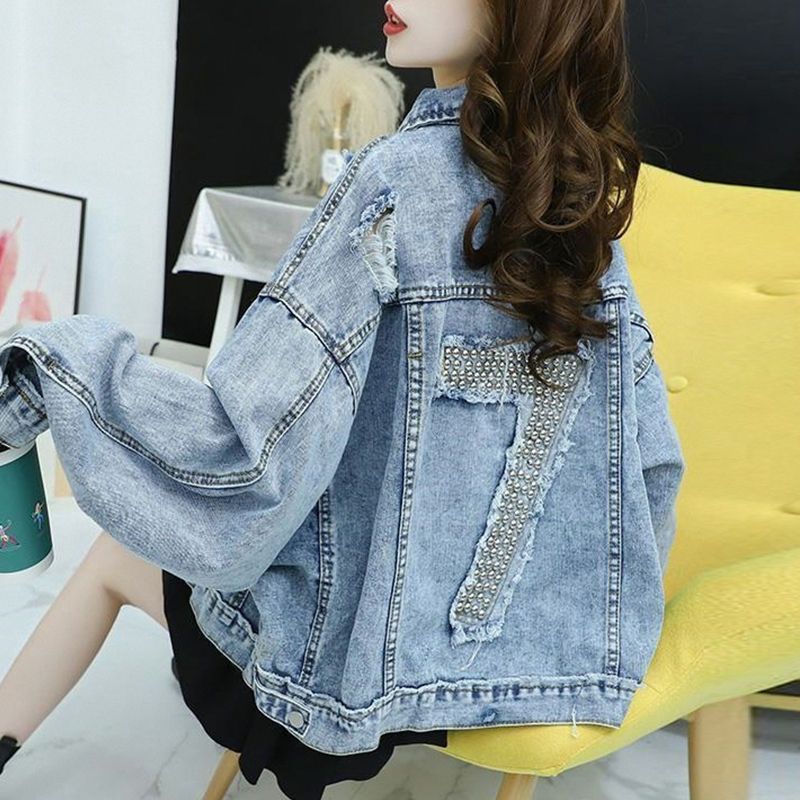 美式炸街牛仔短外套女春秋季新款重工钉珠个性时尚小个子宽松上衣