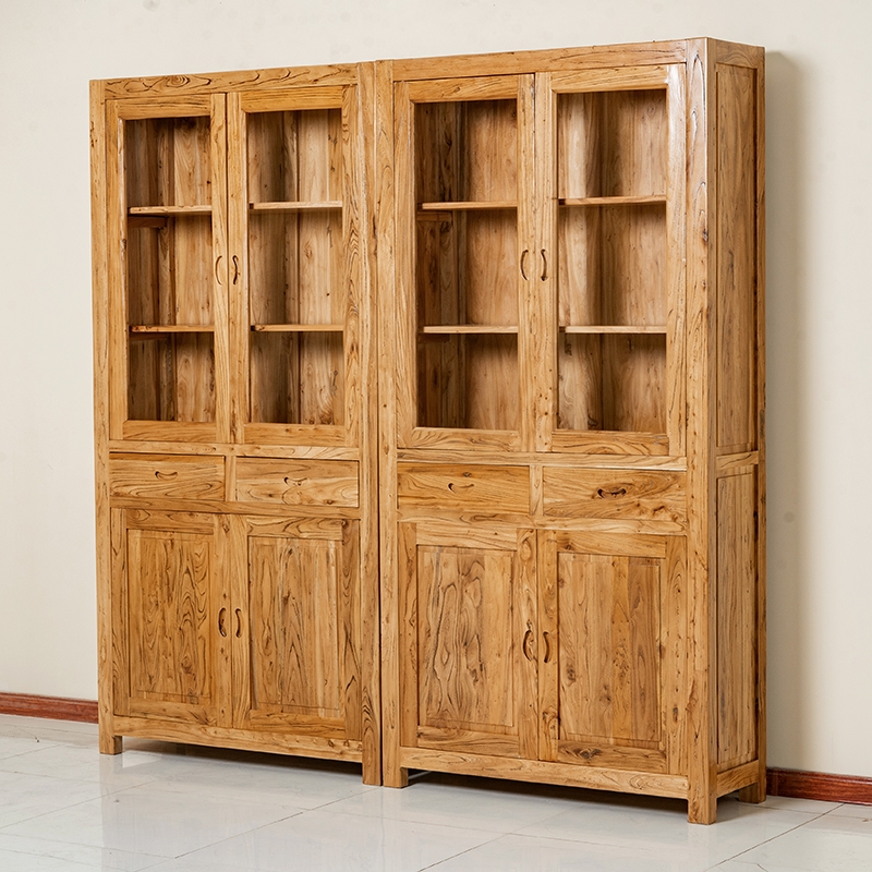 老榆木书柜实木边柜双门带门玻璃置物架客厅矮柜老榆木实木书架