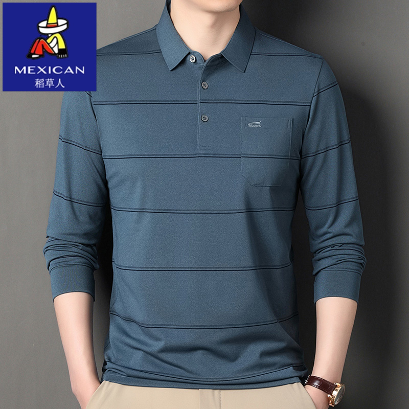 稻草人休闲男士条纹Polo衫春秋季长袖翻领T恤中年商务爸爸装上衣