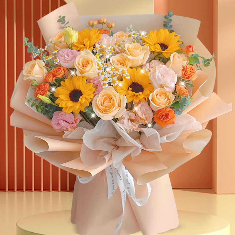 【送人百搭款】向日葵鲜花束香槟玫瑰混搭同城花店配送男士生日礼物