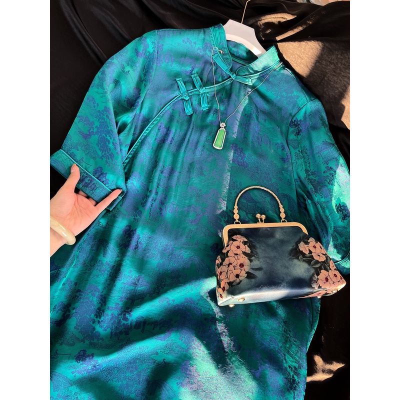 汉服新中式拜年服133-山水画漂亮宋锦织锦缎重磅连衣裙女提花裙子