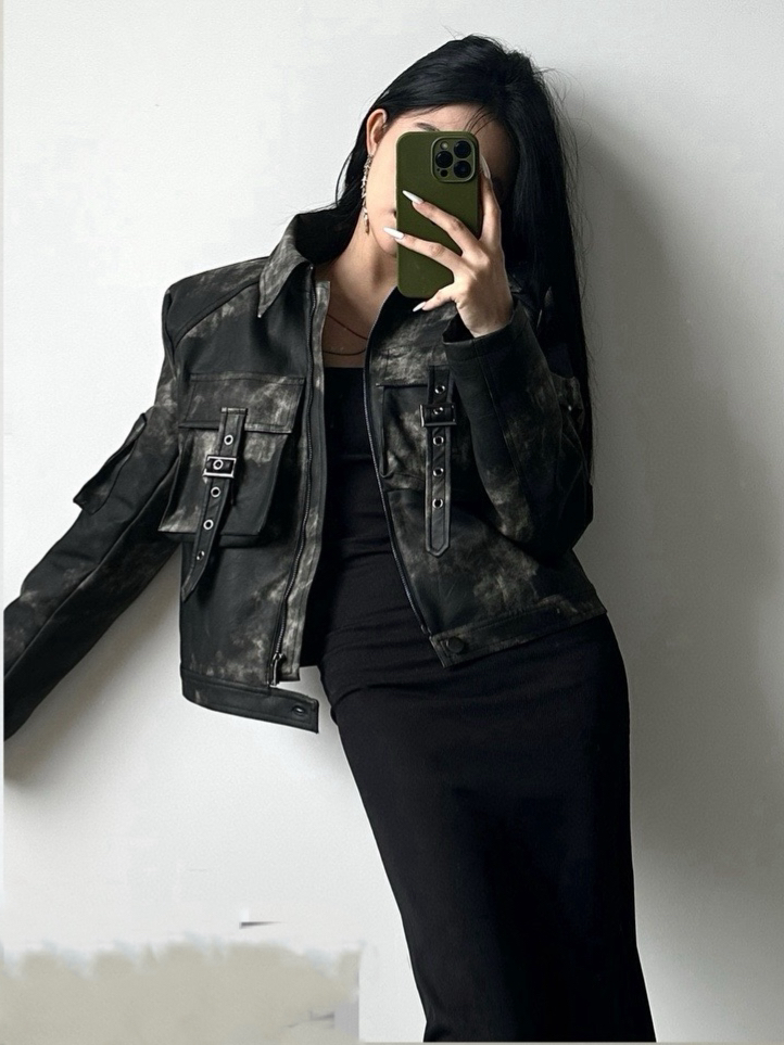 DAJI秋冬扎染皮毛一体短款时尚外套加棉秋冬厚外套（加棉）