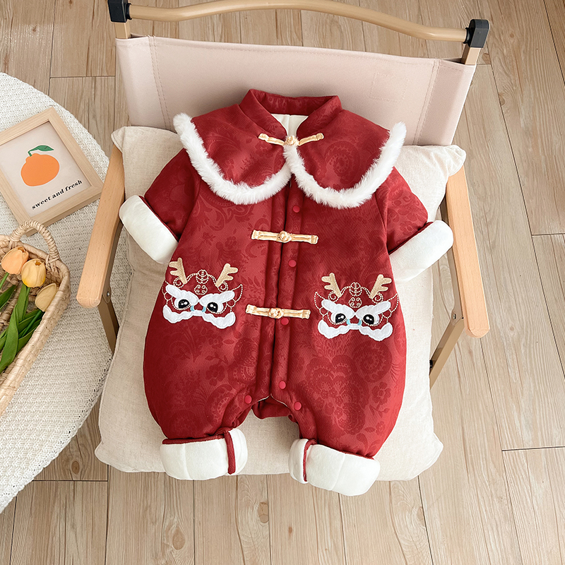 婴儿冬季新款国风连体衣加厚加棉男女宝节日年服礼服保暖外出爬服