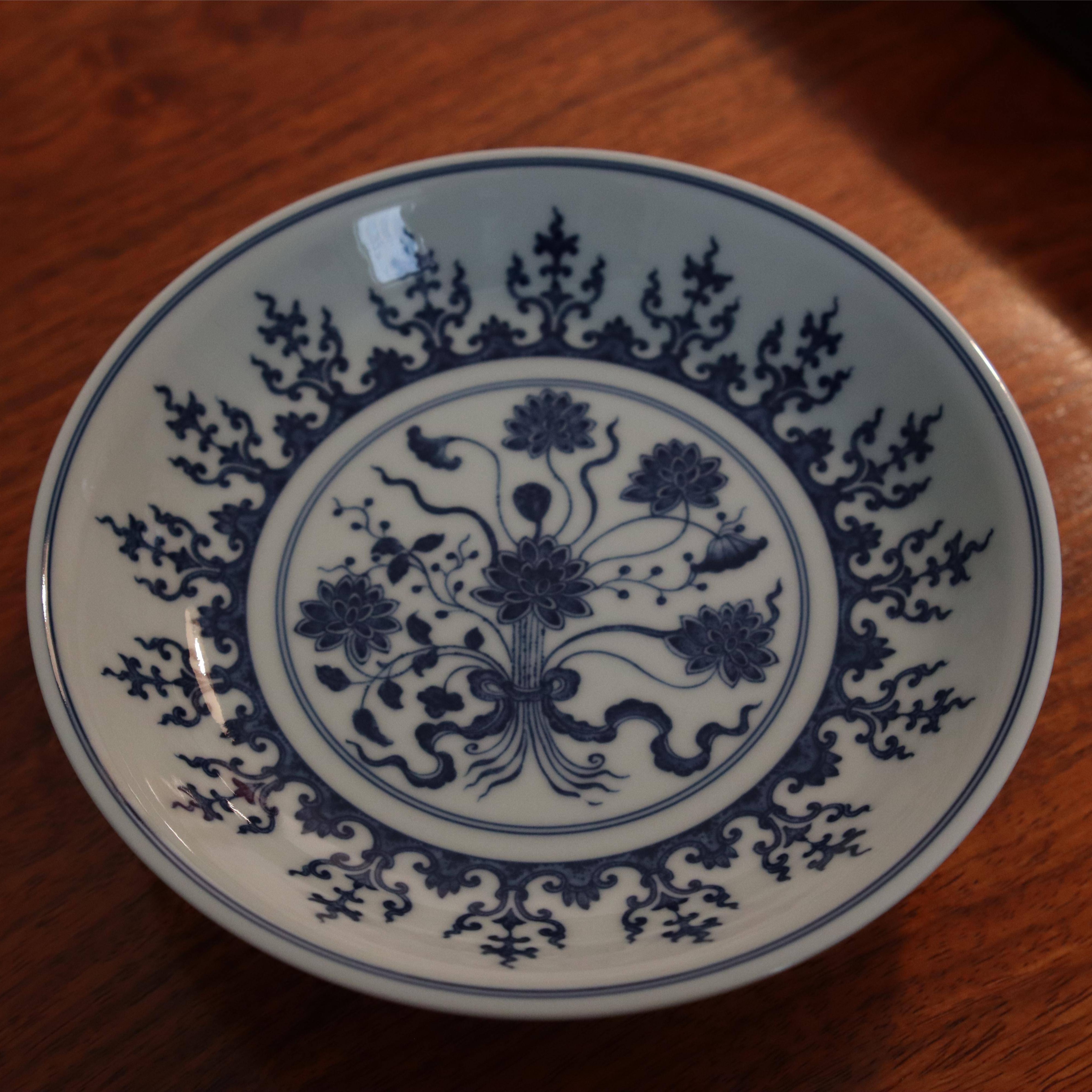 当代 钟家窑柴窑青花缠枝一束莲壶承手工陶瓷手绘釉下彩麒麟茶盘