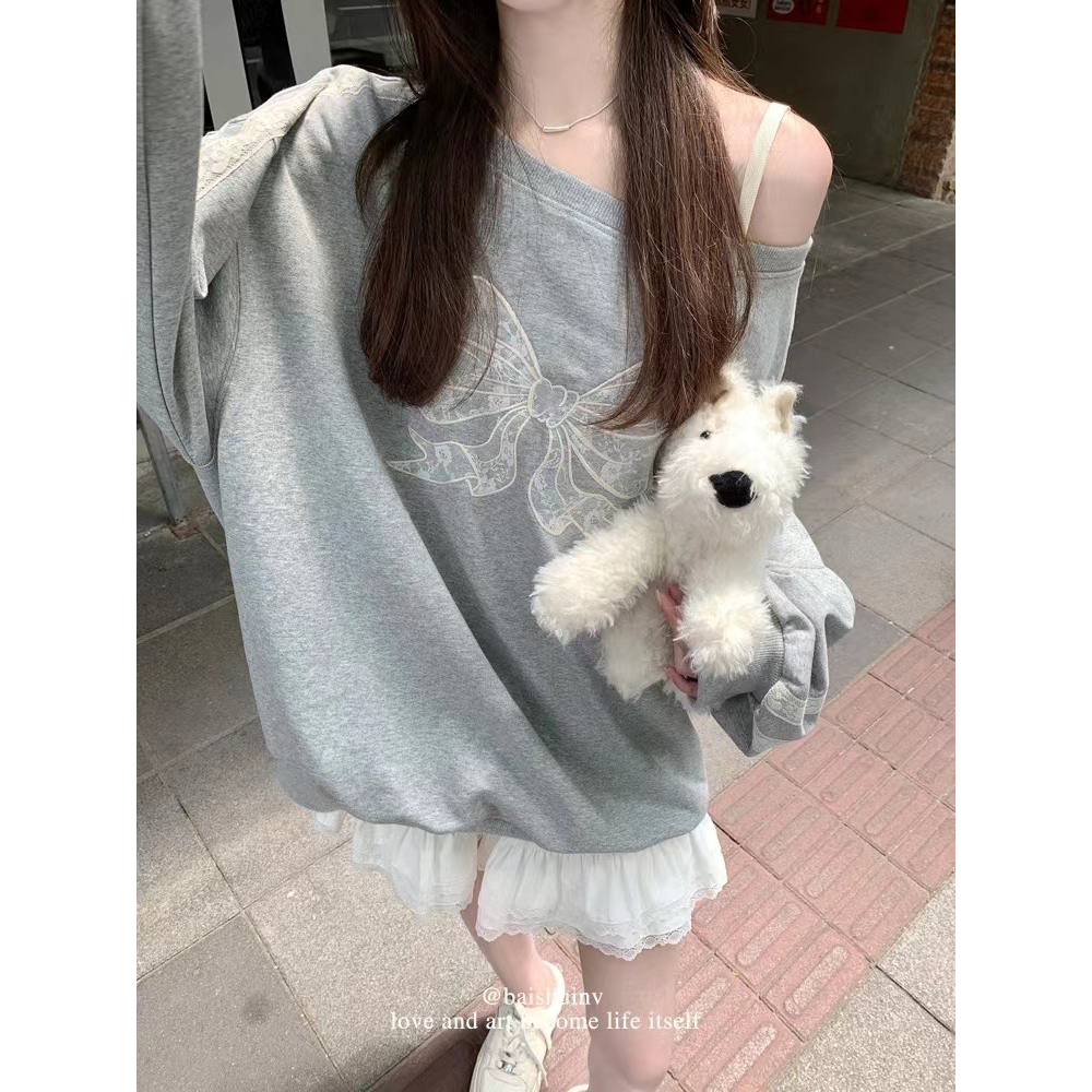 白水女 蝴蝶女孩 灰色卫衣女秋冬设计感蕾丝花边宽松慵懒气质上衣