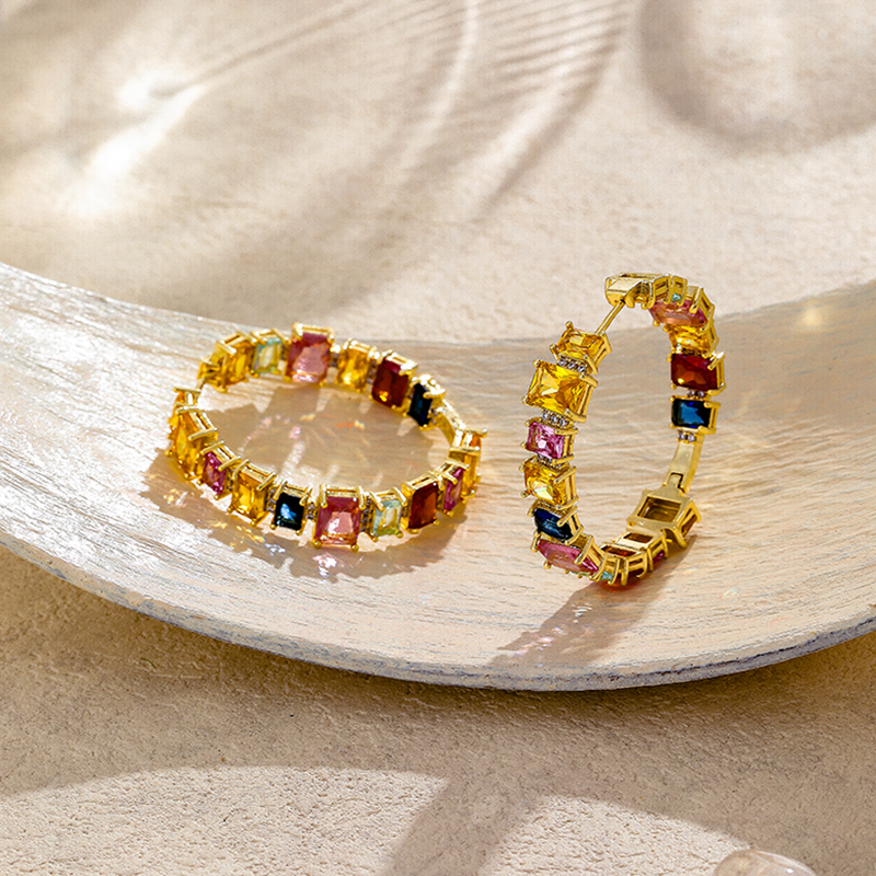铜合金合成锆石耳饰 小众彩色锆石耳圈p158耳环