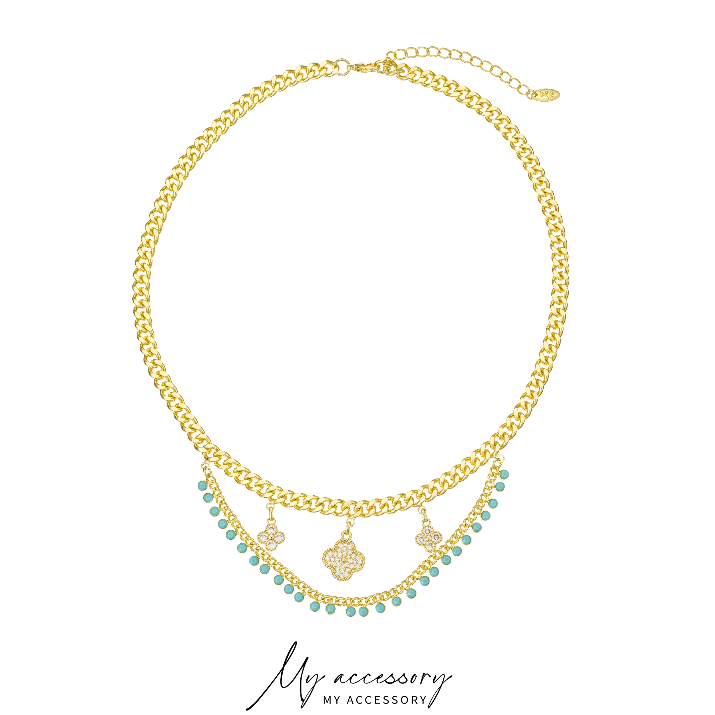 铜合金合成锆石项链 14K铜合金蓝色四叶草锆石项链-N1180