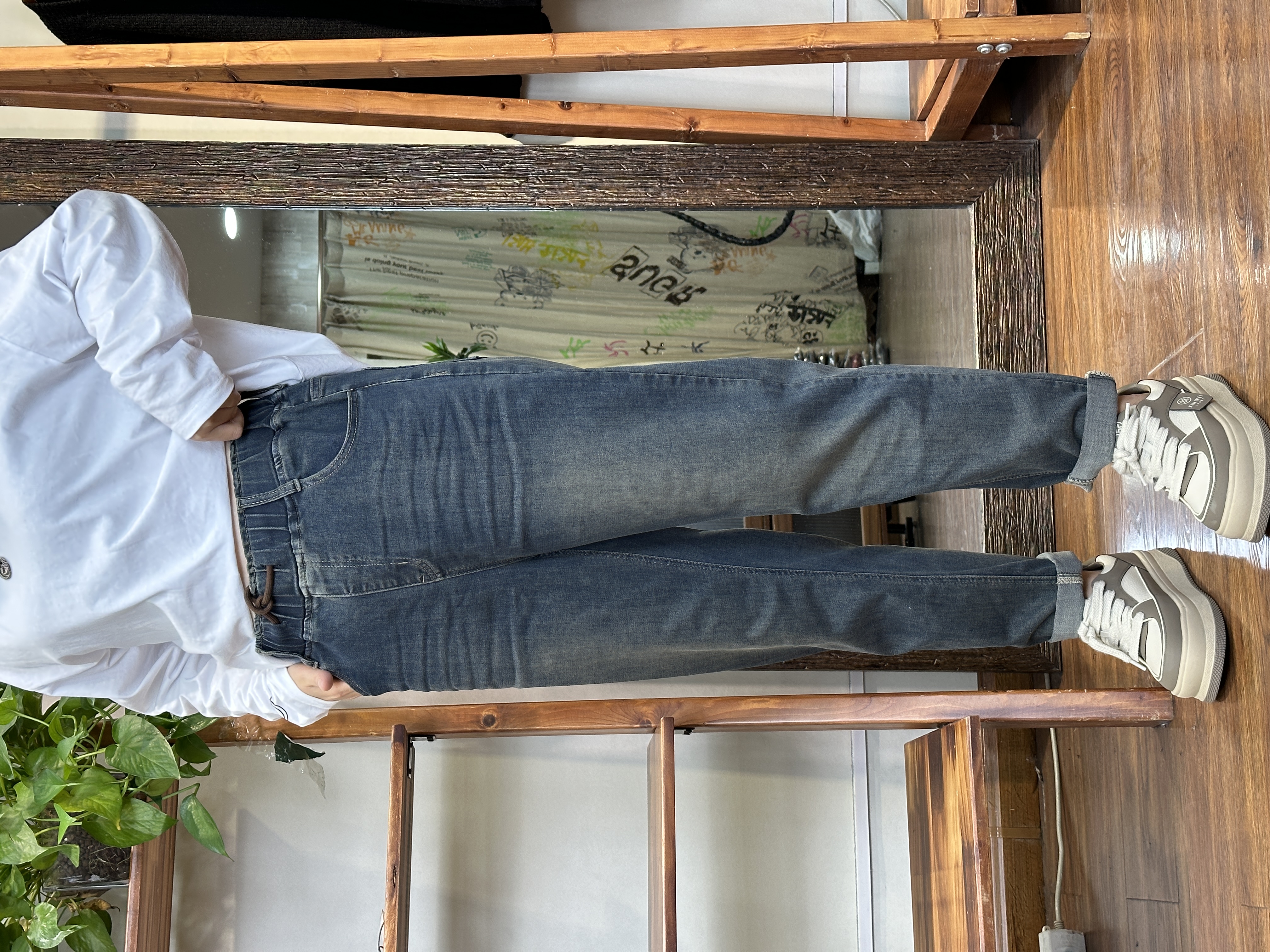 牛仔裤-23040大码女装秋款休闲宽松大版微弹老爹裤高腰百搭