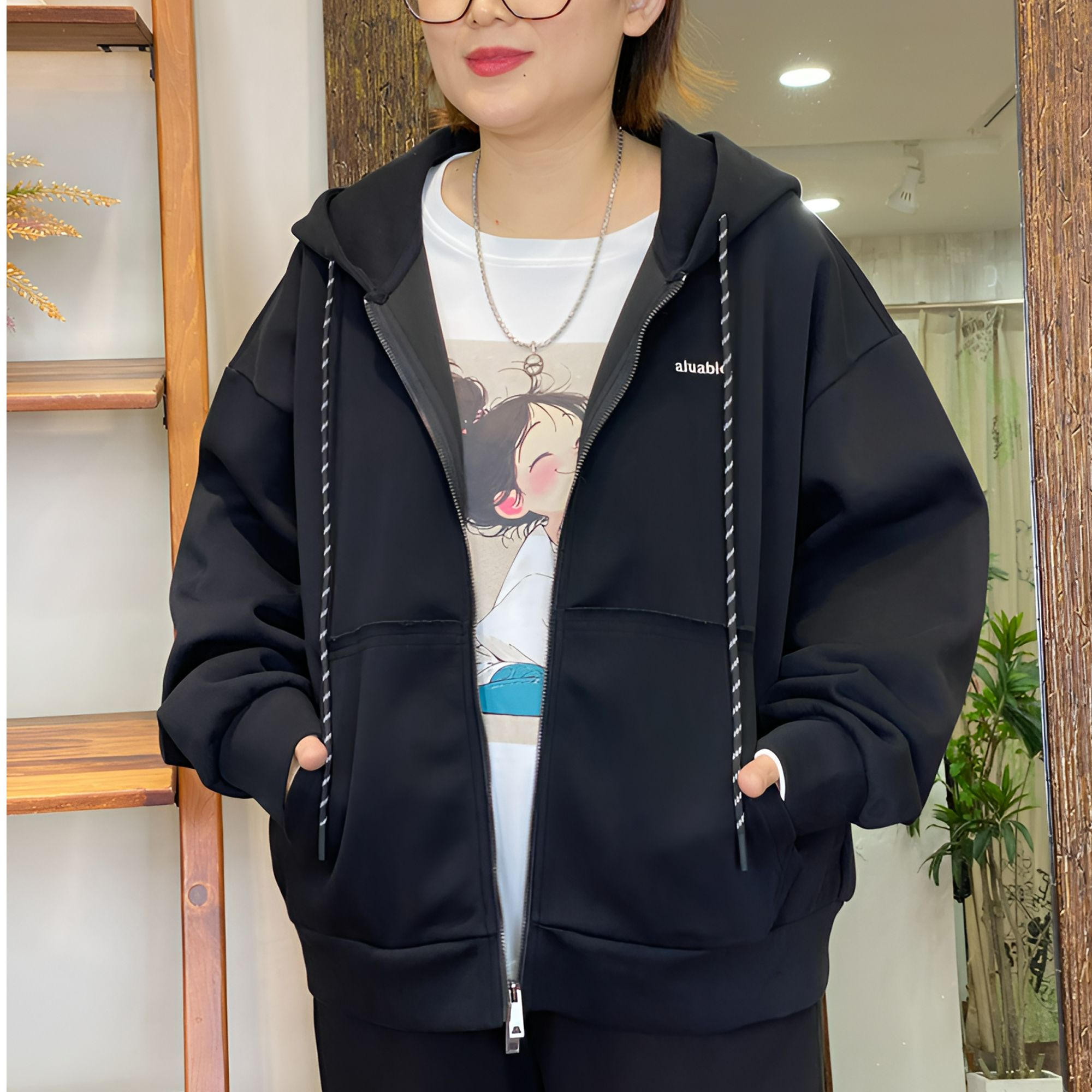 连帽外套-3370大码女装秋冬棉质胖MM宽松字母刺绣拼接口袋韩版