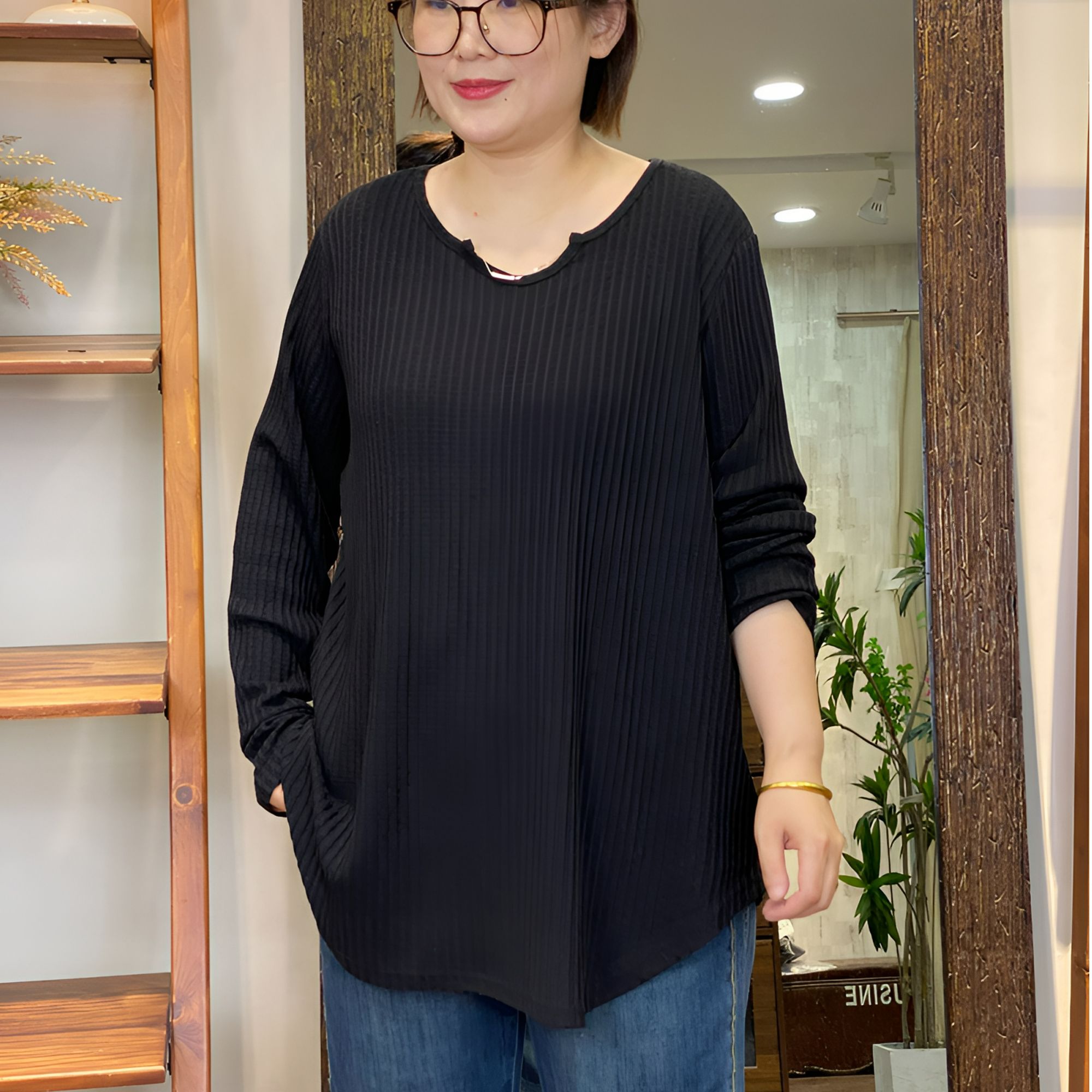 针织上衣-10499大码女装秋冬棉质胖MM宽松文艺中长款休闲长袖