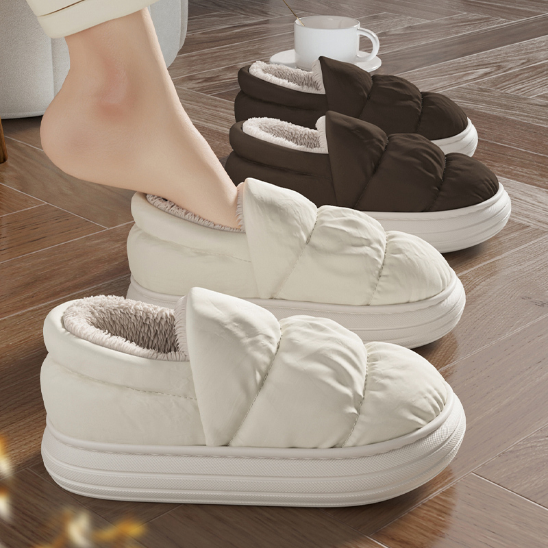 羽绒布防水防滑棉拖鞋女冬季室内家居时尚百搭情侣厚底保暖棉鞋冬