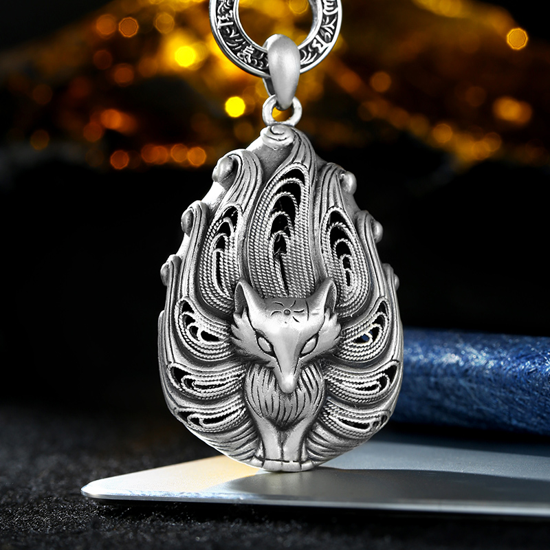 吊坠足银 999纯银古法九尾狐吊坠男女国风新款狐狸项链挂坠复古款