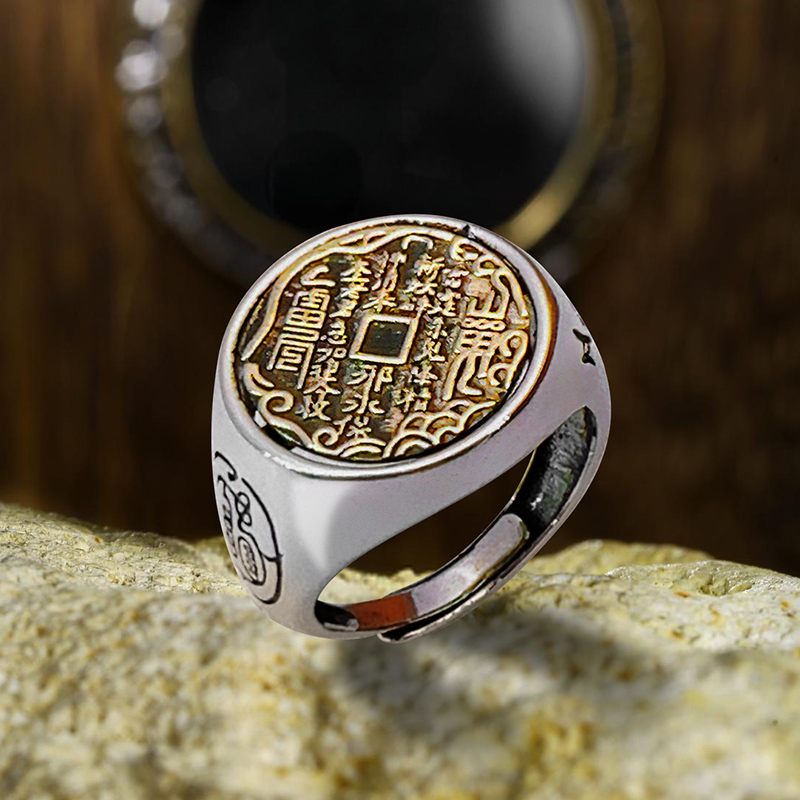 925银戒指 山鬼花钱敕令戒指纯银男士复古个性国风指环高级女银饰