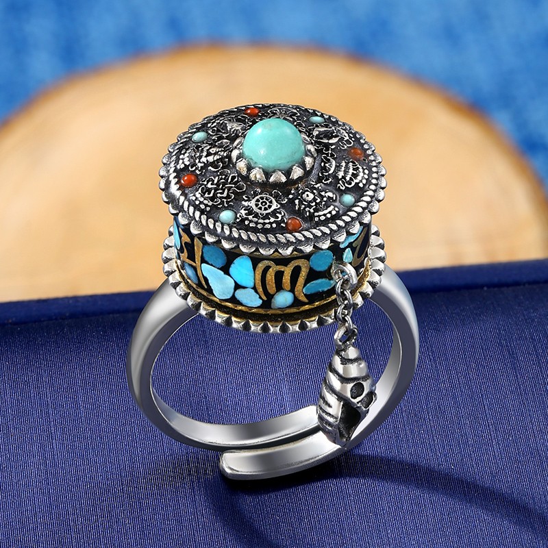 925银戒指 创意六字真言转动筒925银戒指转动男女款高档泰银个性