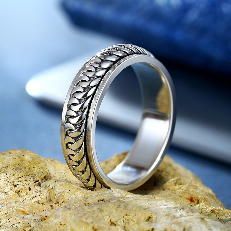 925银戒指 古巴链纯银戒指男士痞帅潮流简约素圈转动银戒男款指环