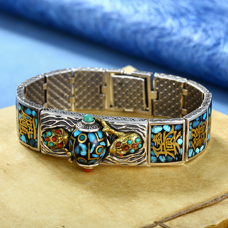 925银手链 金蟾献宝手链纯银男士国潮复古转动珠银饰女高档礼物