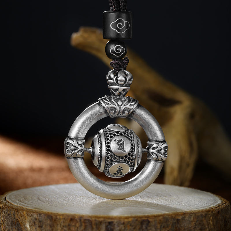 吊坠足银 古法平安扣纯银吊坠男士复古足银999六字真言转动女挂坠