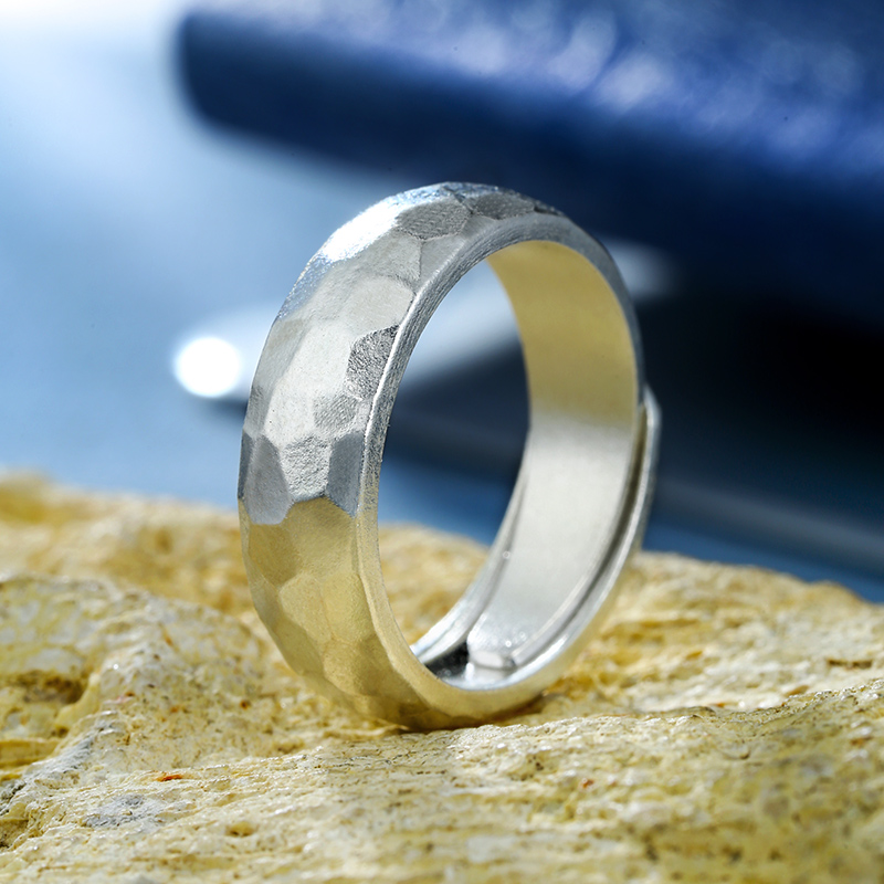 足银戒指 锤纹戒指纯银男士国风手工捶打素圈999足银高级感女指环