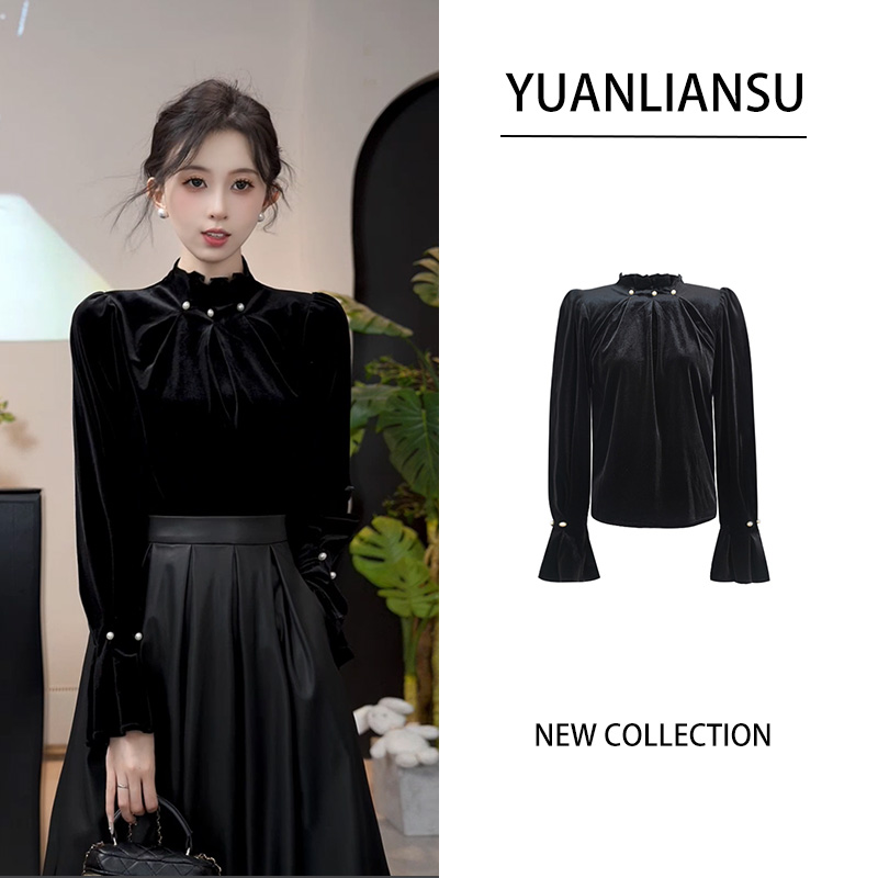 YUANLIANSU/圆脸酥【青苍】法式轻奢名媛复古气质显瘦丝绒衬衫