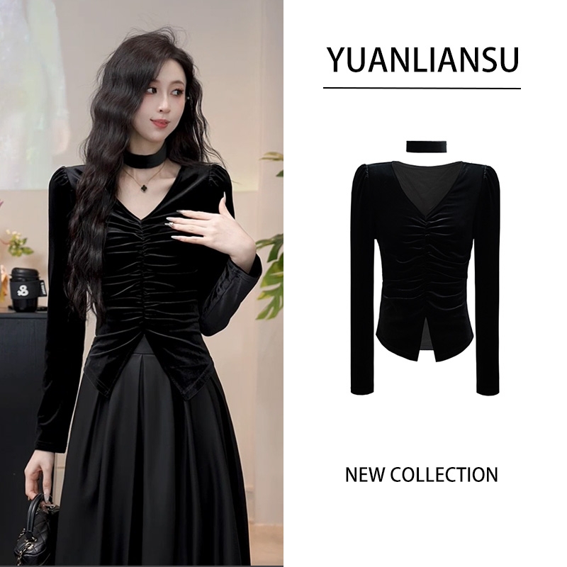 【青苍】秋冬赫本风黑色修身长袖丝绒衬衫女