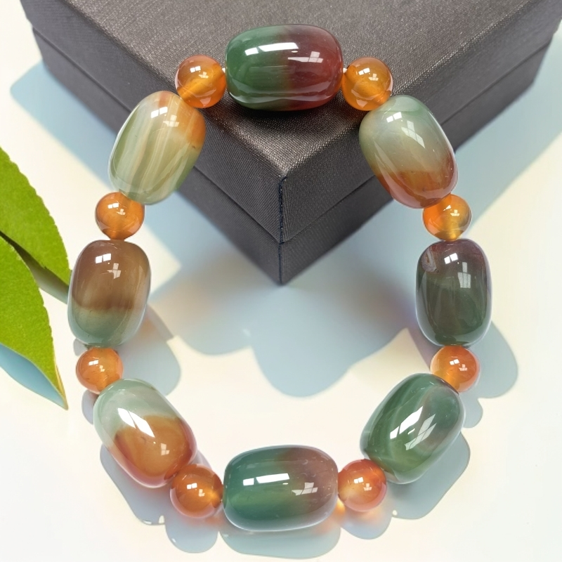 尺寸约17x13mm天然正品玛瑙玉石孔雀盐源桶珠手串