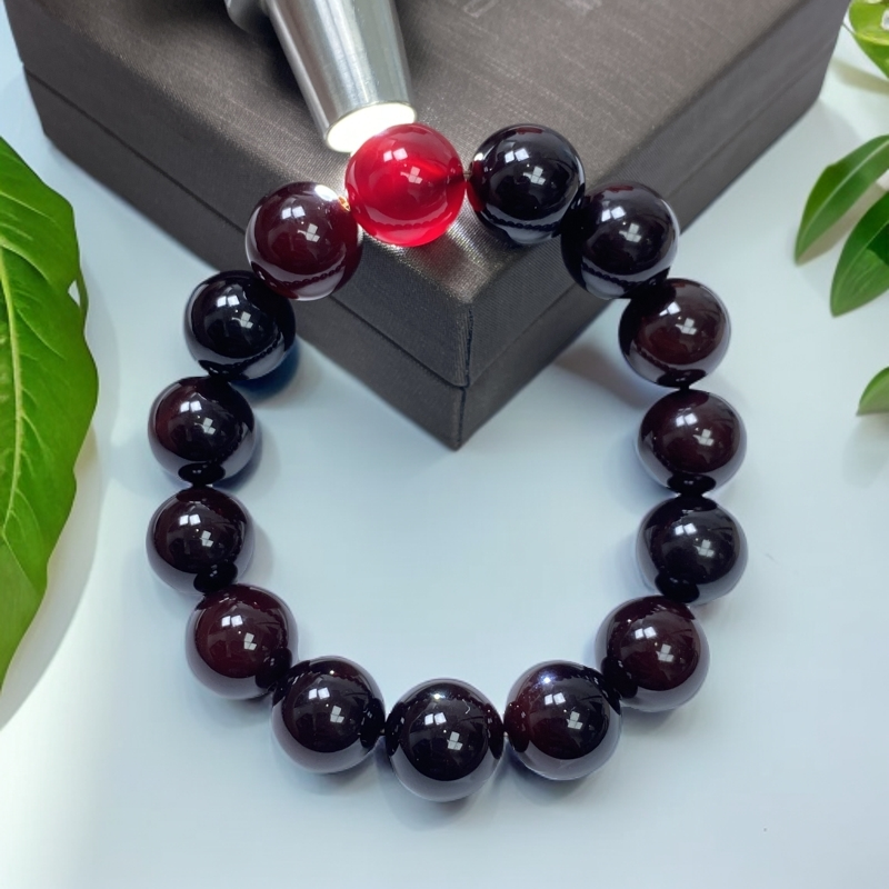 尺寸约14mm15颗天然正品玛瑙玉石黑金血离子圆珠手串男女同款