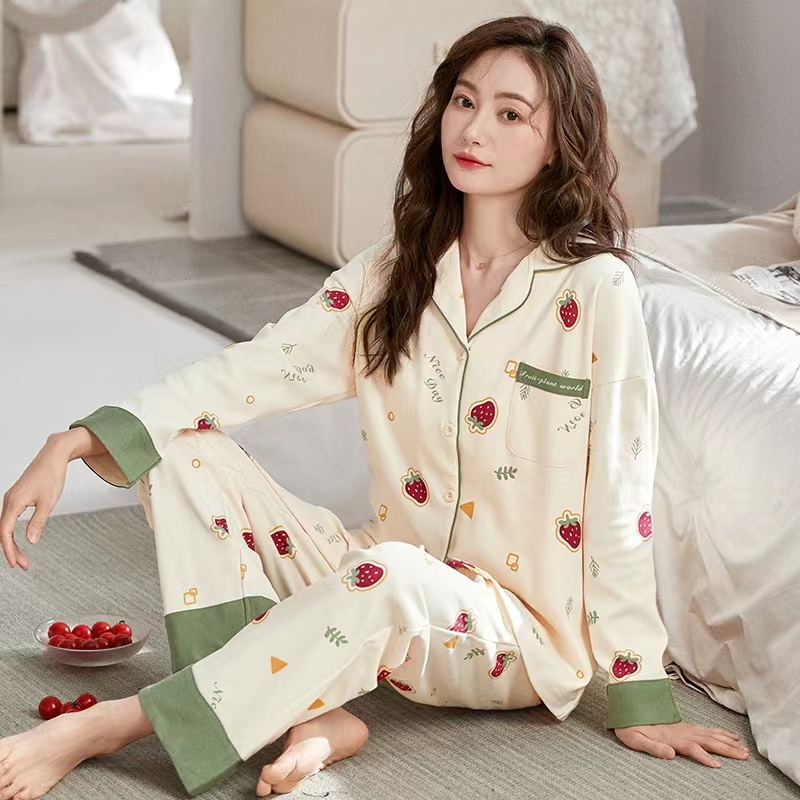 夏款满印风小草莓开衫长袖长裤家居服套装高货睡衣