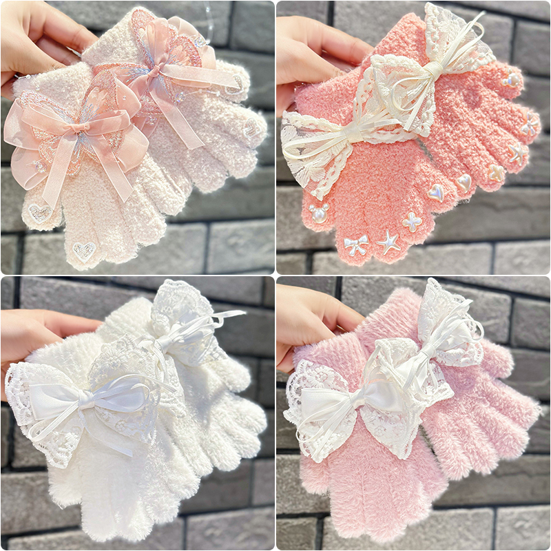 儿童手套五指女童秋冬季保暖可爱3-5岁8蝴蝶结公主女孩分指薄淑女