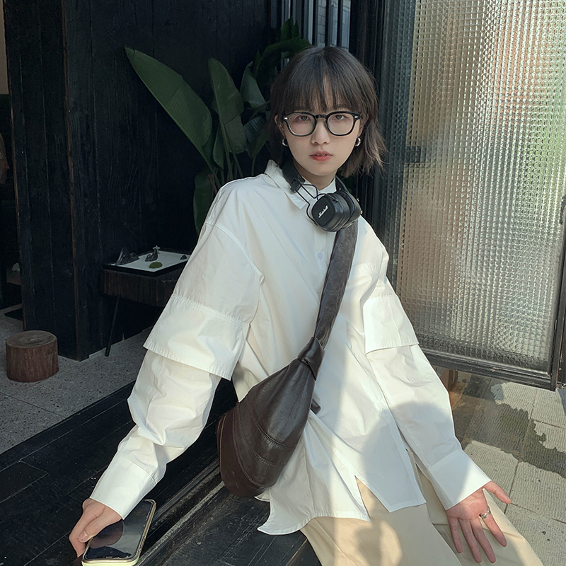 银河汽水 蓝色POLO领衬衫女2022早秋新款拼接设计长袖衬衣