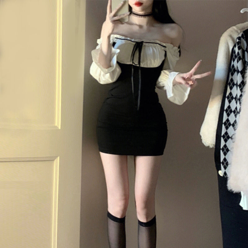 纯欲风一字肩拼接假两件连衣裙2023秋冬辣妹修身显瘦紧身包臀短裙